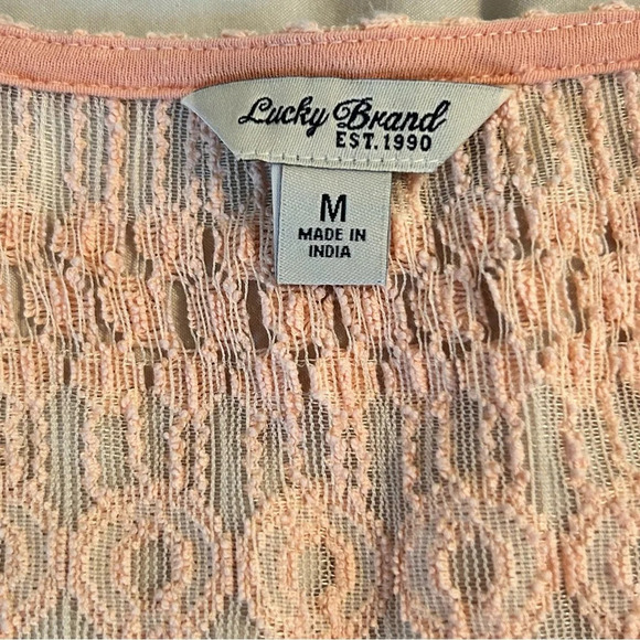 Lucky Brand Womens M Blush Pink Crochet 3/4 Sleeves Boho Top Sheer Square Neck - Picture 6 of 10